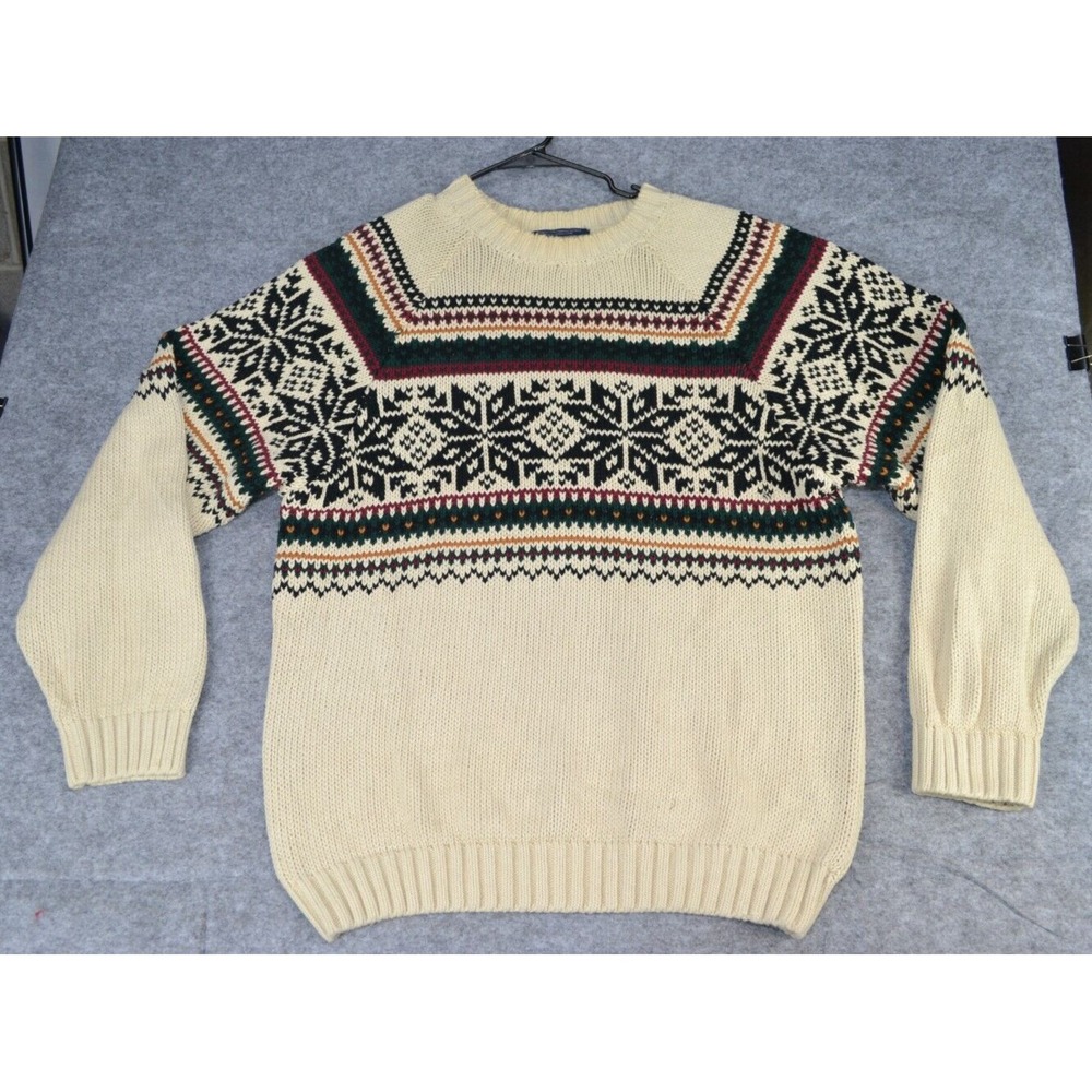 Vintage Tommy Hilfiger Sweater Mens L Ivory Cable Knit Cotton Crewneck Snowflake